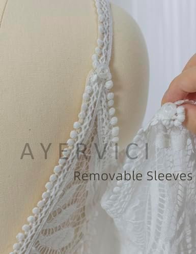 Boho Lace Wedding Dress for Brides Could Sleeves Deep V Neck...