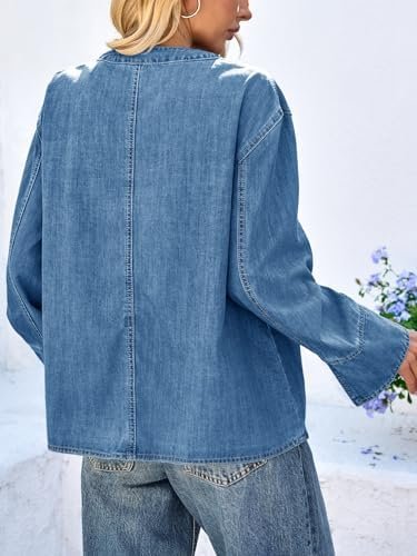 Tankaneo Womens Tie Front Denim Jacket Long Wide Sleeve Loos...