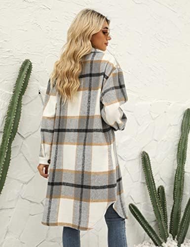 PUWEI Women's Long Flannel Plaid Jacket Shacket Cozy Lapel B...