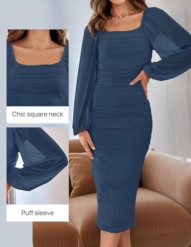 ZESICA Women's Sexy Ruched Bodycon Midi Dress Long Puff Slee...