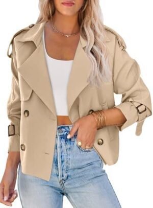 Saodimallsu Women Crop Double Breasted Trench Coat Raglan Sl...