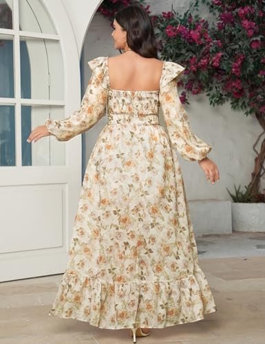 Women's Floral Puff Long Sleeve Maxi Dress Sexy Sweetheart C...