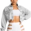 HTD Women's Cropped Jean Jacket Button Up Long Sleeve Ripped...