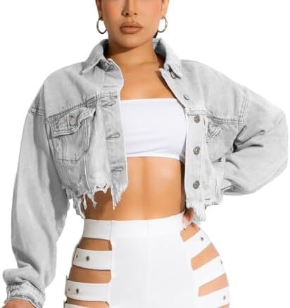 HTD Women's Cropped Jean Jacket Button Up Long Sleeve Ripped...