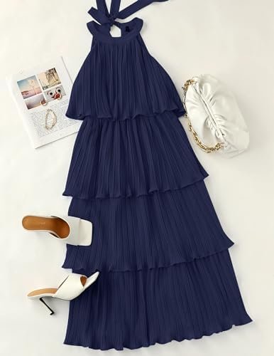 ZESICA Women's 2025 Summer Sleeveless Halter Neck Ruffle Tie...