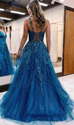 YMSHA V Neck Tulle Prom Dresses 2025 Long Sparkly Lace Forma...