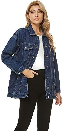 PUWEI Women's Oversized Denim Jacket Distressed Lapel Button...