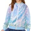 Girls Sequin Bomber Jacket Glitter Outwear Long Sleeve Zippe...