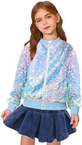 Girls Sequin Bomber Jacket Glitter Outwear Long Sleeve Zippe...