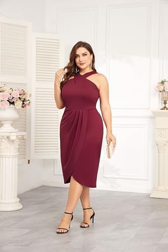 Theenkoln Plus Size Cocktail Dresses:Halterneck Sleeveless S...