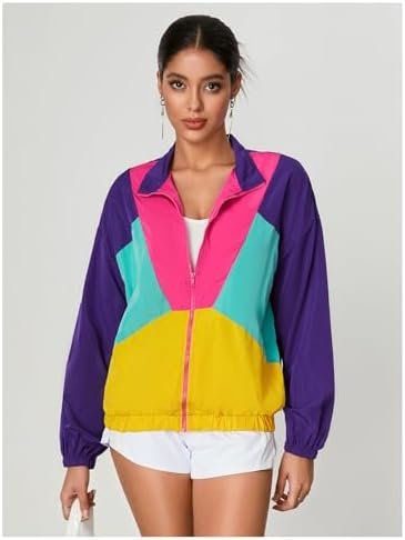 WDIRARA Women's Color Block Zip Up Lightweight Jacket Patchw...