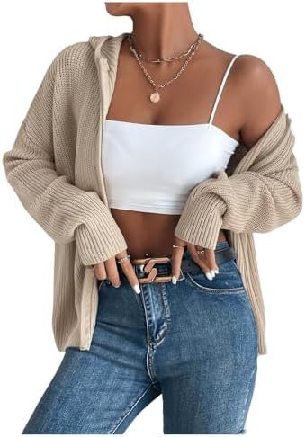 SHENHE Women's Zip Up Hooded Cardigan Drop Shoulder Casual K...