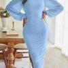 MEROKEETY Women's Long Puff Sleeve Ruched Bodycon Dress Squa...