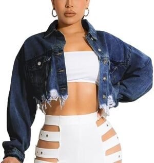 HTD Women's Cropped Jean Jacket Button Up Long Sleeve Ripped... HTD Women's Cropped Jean Jacket Button Up Long Sleeve Ripped...