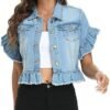MISS MOLY Women's Denim Jacket Ruffle Sleeve Button Down Dis...