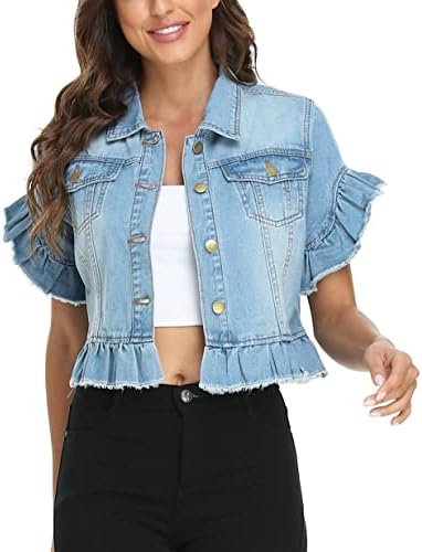 MISS MOLY Women's Denim Jacket Ruffle Sleeve Button Down Dis...