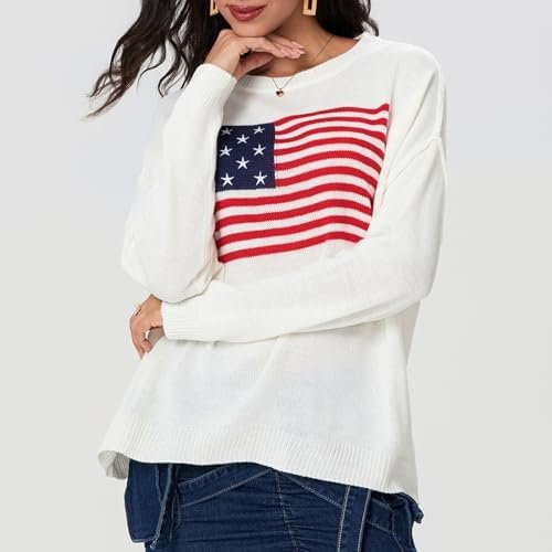 Women's Flag Pattern Long Sleeve Sweater 4th of July Round N...
