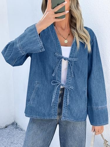 Tankaneo Womens Tie Front Denim Jacket Long Wide Sleeve Loos...