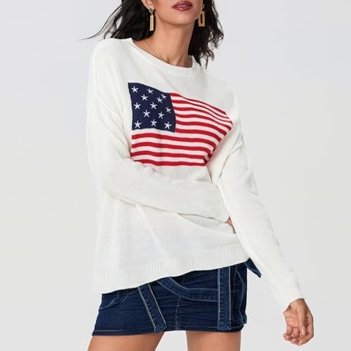 Women's Flag Pattern Long Sleeve Sweater 4th of July Round N...