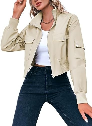 Fisoew Women's Cropped Bomber Jackets Lightweight Zip Up Sta...