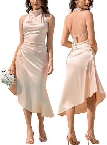 HTZMO Satin Mock Neck Backless Midi Dresses Ruched Back Tie ...
