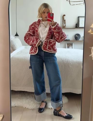 Wyeysyt Women's Cropped Puffer Jacket Lightweight Floral Pri...