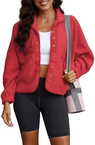 ReachMe Womens Sherpa Jacket Casual Lapel Button Down Croppe...