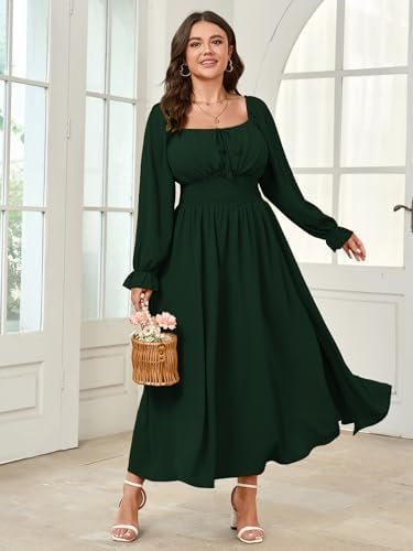 Women's Plus Size Dress Long Sleeve Smocked Dress Square Nec...