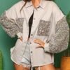 Womens Oversized Denim Jacket Sequin Sparkle Casual Long Sle...
