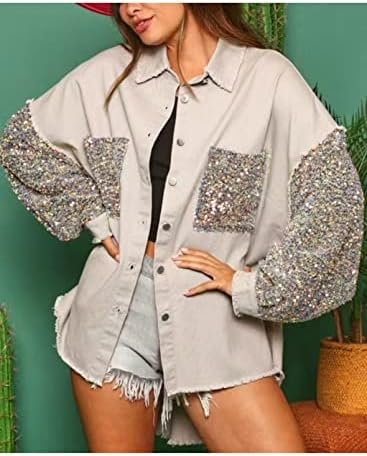 Womens Oversized Denim Jacket Sequin Sparkle Casual Long Sle...