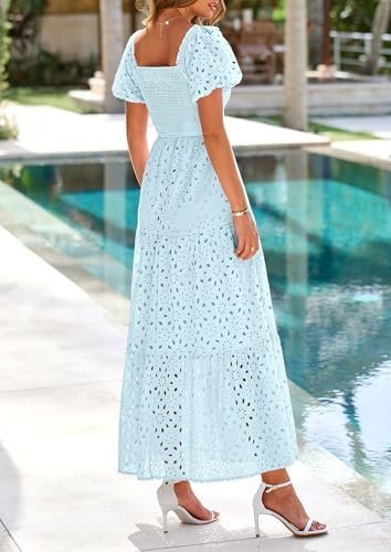 PRETTYGARDEN Summer Dresses for Women 2025 Eyelet Square Nec...