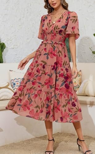 Kormei Women's V Neck Short Sleeve Boho Smocked Long Flowy S...