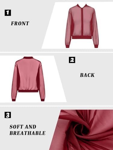 Fisoew Women's Crop Mesh Sheer Bomber Jackets Lightweight Lo...