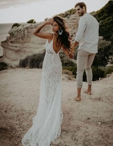 Boho Lace Wedding Dress for Brides Could Sleeves Deep V Neck...