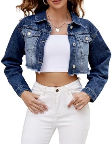LONGYIDA Women's Cropped Denim Jacket | Distressed Button-Do...