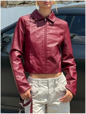 MakeMeChic Women's Crop Faux Leather Jacket Vintage Long Sle...