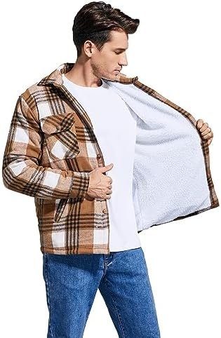 Men's Cotton Flannel Shirt Jacket Fleece Lined Long Sleeve P...
