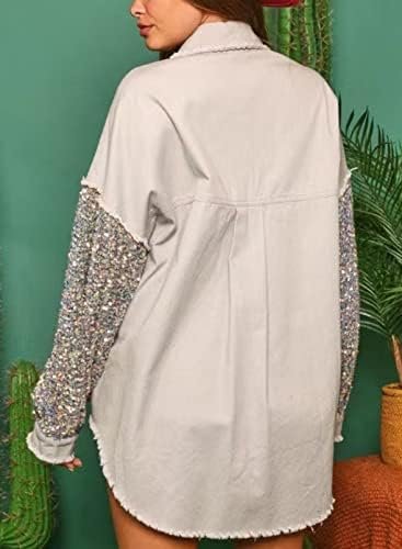 Womens Oversized Denim Jacket Sequin Sparkle Casual Long Sle...