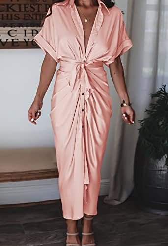 Women Elegant Satin Button Down Short Sleeve Maxi Shirt Dres...