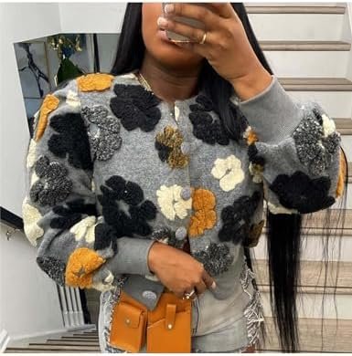 Women's Cropped Floral Print Jacket Long Sleeve Fleece Warm ...