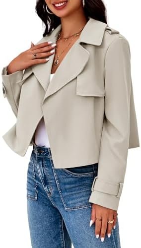 Cicy Bell Womens Cropped Trench Coat Casual Long Sleeve Notc...