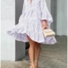 White Floral Dress for Women Hollow Out Lace Boho Solid V Ne...