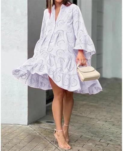 White Floral Dress for Women Hollow Out Lace Boho Solid V Ne...