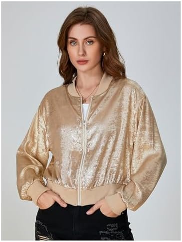 SOLY HUX Women's Metallic Jacket Zip Up Long Sleeve Lightwei...