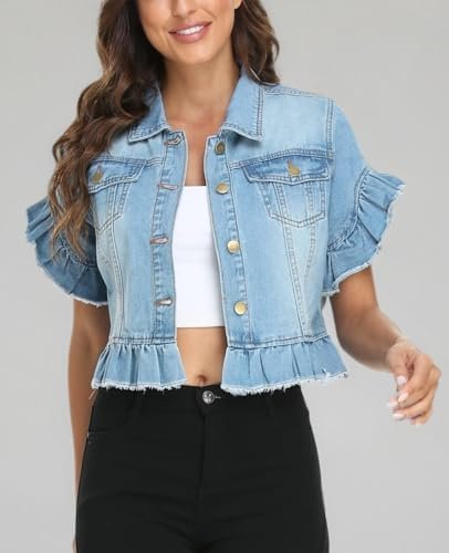MISS MOLY Women's Denim Jacket Ruffle Sleeve Button Down Dis...