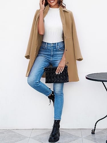 Fisoew Women's Elegant Single Breasted Coat Long Sleeve Mid ...