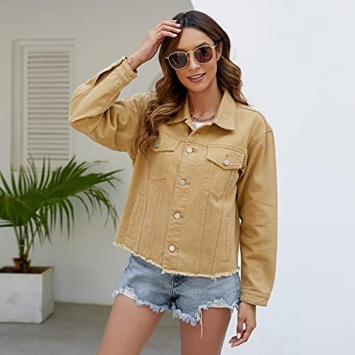 LONGBIDA Women's Jean Jacket Frayed Washed Button Up Cropped...