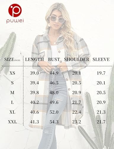 PUWEI Women's Long Flannel Plaid Jacket Shacket Cozy Lapel B...
