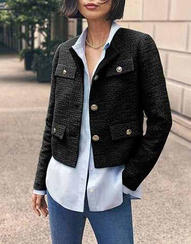 Cropped Tweed Blazer Jackets for Women Elegant Slim Collarle...