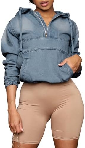 PINSV Women's Half Zip Sweatshirt Denim Hoodie Pullover Jack...